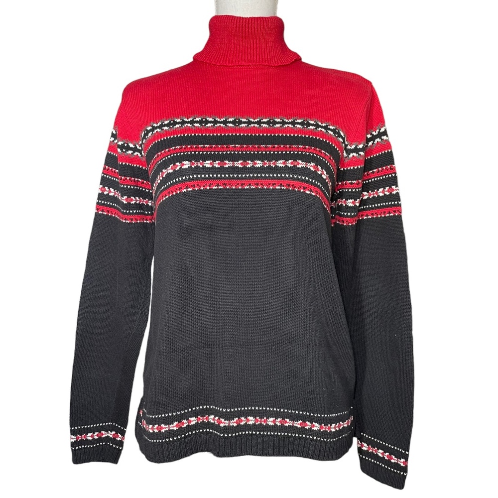 Fair Isle Turtleneck Sweater PS Petite S Red Black Jean Pierre 100% Cotton